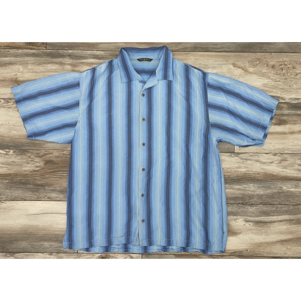 Tommy Bahama Mens 100% Silk Short Sleeve Button Down Shirt Blue Striped Size L